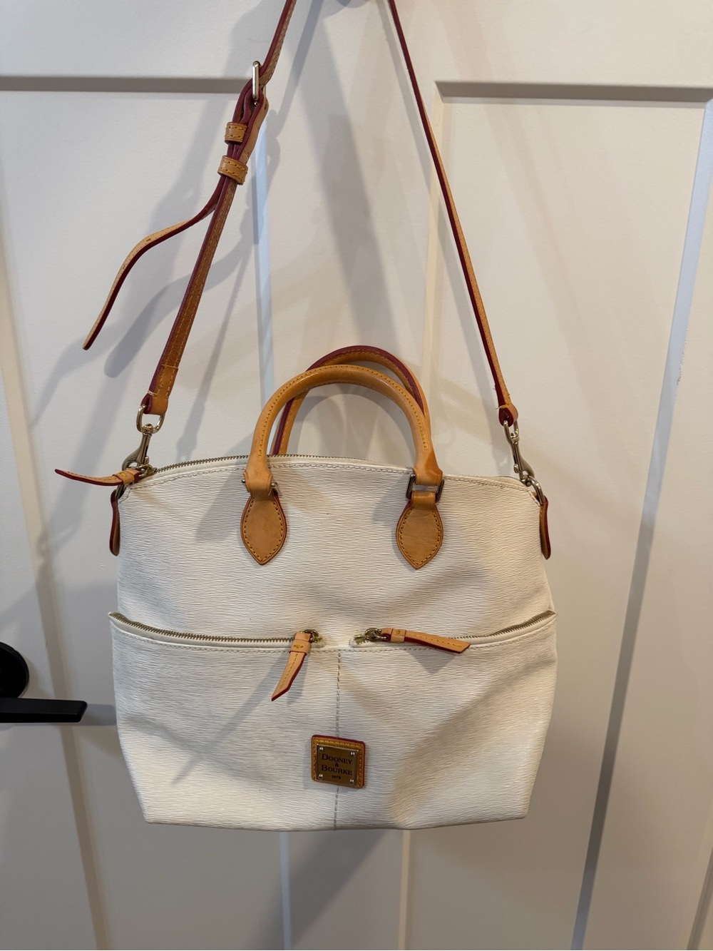 Dooney & Bourke White Leather Convertible Satchel with Tan Trim